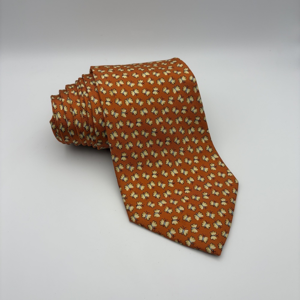 Salvatore Ferragamo Tie Orange Butterfly Silk Made In Italy 58"